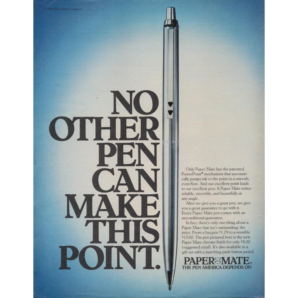 Paper Mate Pen PowerPoint‎ Guaranteed Mechanism Chrome Design Print Ad 1983